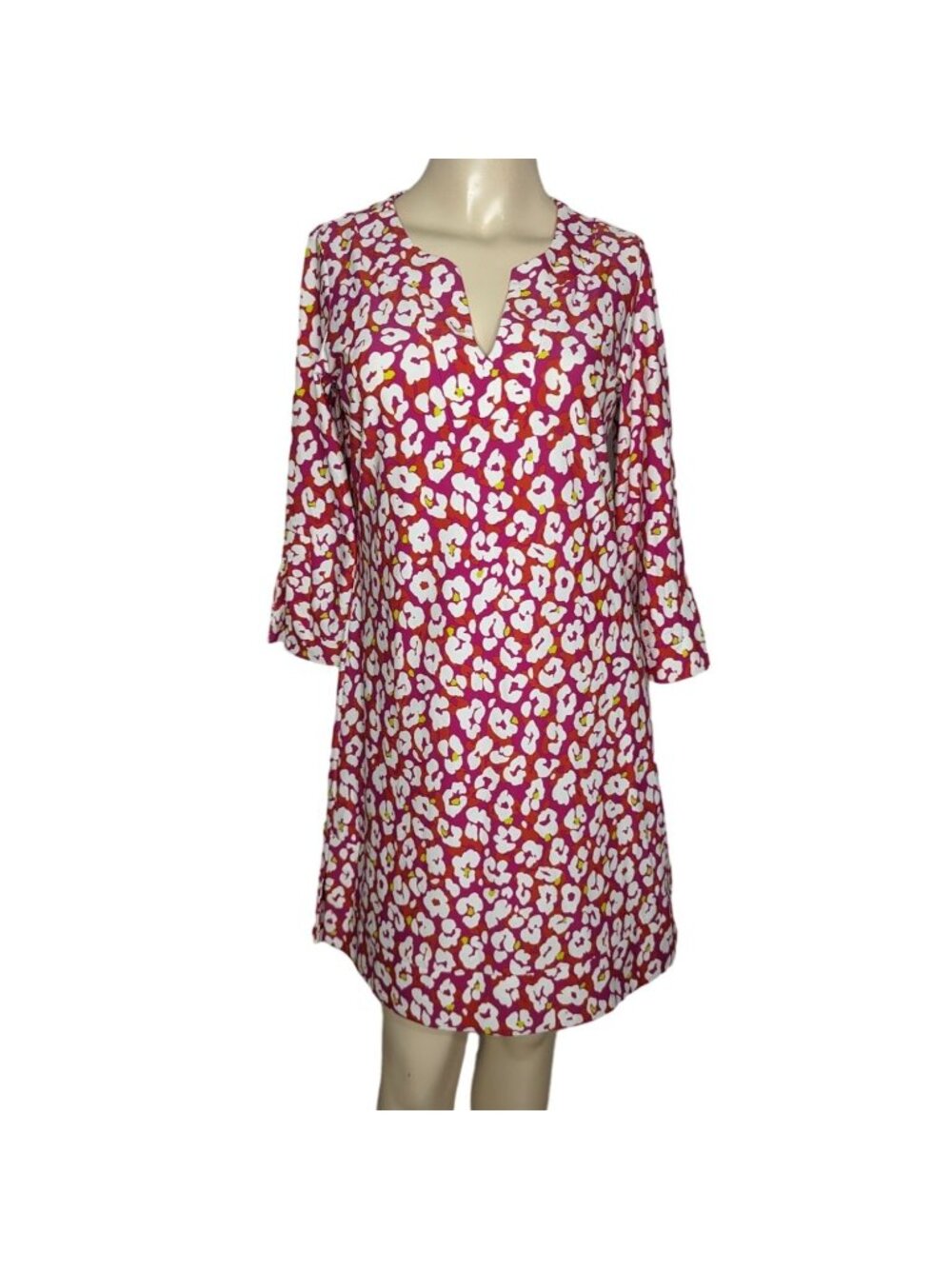 June Connally Dress Womens M Floral Pink White Shift V Neck Stretch Made USA